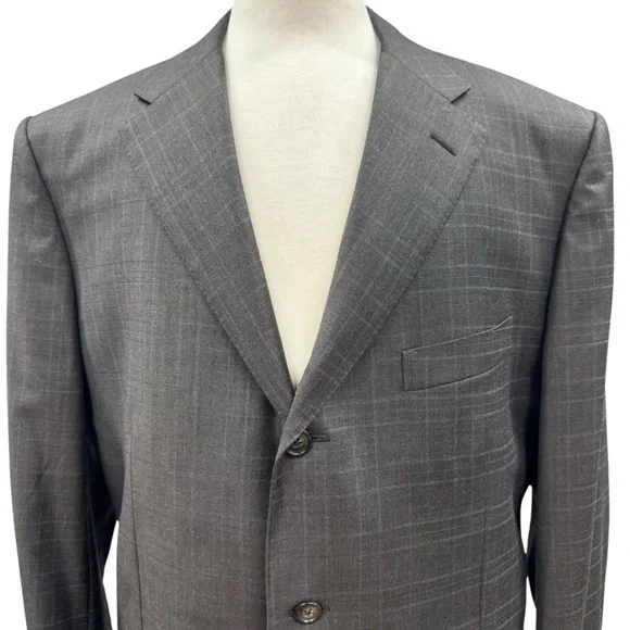Corneliani Windowpane Blazer Jacket Virgin Wool Men’sSize 56R Brown Italy